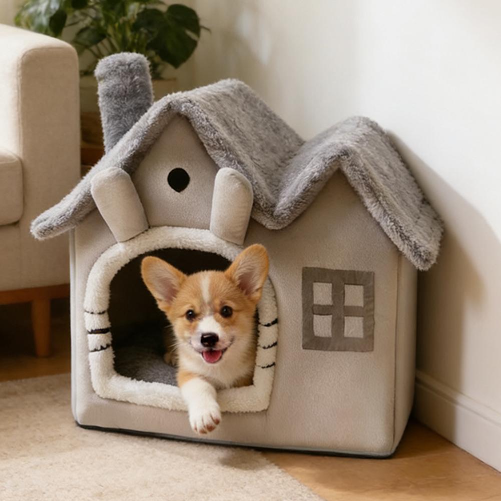 Foldable Double-Roof Dog House – Warm Small Pet Kennel with Bed Mat for Puppies and Cats, Cozy Winter Indoor Rest