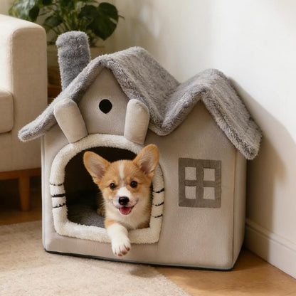 Foldable Double-Roof Dog House – Warm Small Pet Kennel with Bed Mat for Puppies and Cats, Cozy Winter Indoor Rest