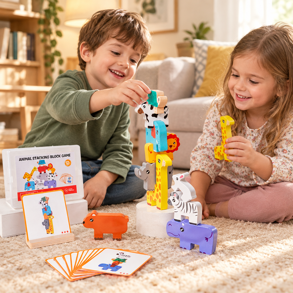 Wooden Stacking Challenge Blocks – Balance Building Toy for Kids with Creative Construction, Problem Solving and Fine Motor Skill Development