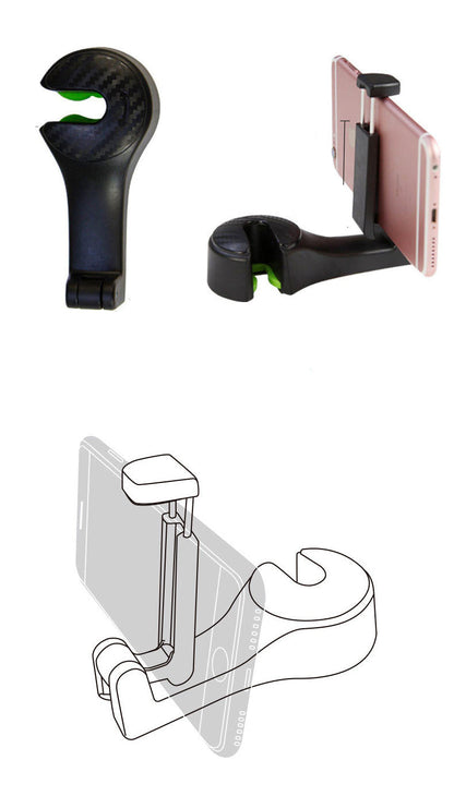 Car Back Seat Phone & Tablet Holder – 2-in-1 360° Rotating Headrest Mount with Hook Clip for Hands-Free Convenience