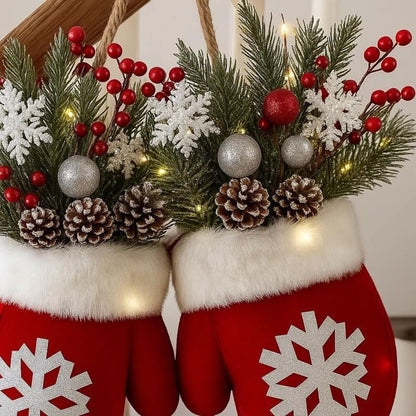 Outdoor Christmas Wreath with LED Lights – Artificial Front Door Mitten Garland with Pine Cones & Red Berries for Holiday & Winter Home Décor