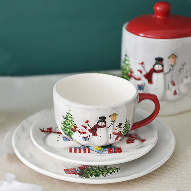Christmas Snowman Dish & Cutlery Set – Ceramic Plate, Bowl, Storage Jar & Teapot Kitchen Collection for Holiday Meals & Festive Dining