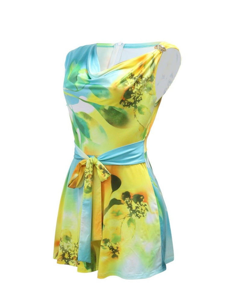 Women’s Boho Tropical Romper – Off-Shoulder Floral Jumpsuit with V-Neck & Wide Legs, Perfect for Parties, Vacations, Beachwear & Club Outfits