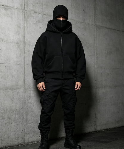 Unisex Windproof Double Hood Sweatshirt – Full Zip Loose Streetwear Coat for Autumn Winter, Casual Layering and Cold Weather Protection