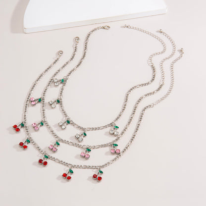 Red Cherry Pendant Necklace – Sweet Romantic Gold Tone Clavicle Chain Jewelry for Women and Girls, Fashionable Gift for Parties and Dates