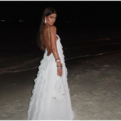 Elegant Off-Shoulder White Backless Ruffle-Edge Maxi Dress – Loose Summer Beach Outfit for Women, Flowy Party Vacation Fashion Robe