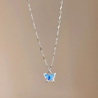Blue Crystal Butterfly Necklace – Romantic Zircon Clavicle Chain with Elegant Double-Layer Design for Women, Girls, Weddings and Parties