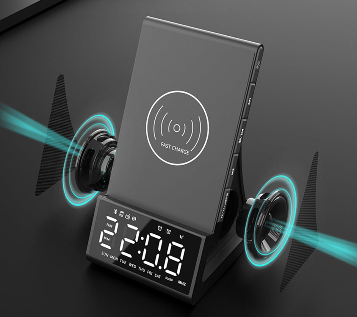 Wireless Charging Alarm Clock Speaker – LED Smart Clock with Bluetooth, FM Radio, USB Fast Charger & Modern Desktop Design