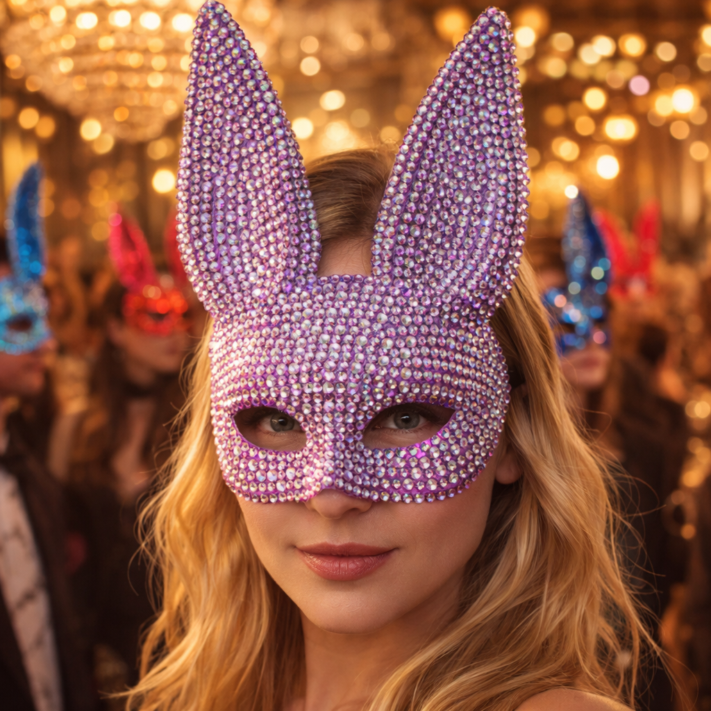 Rhinestone Rabbit Masquerade Mask – Glitter Acrylic Full-Face Costume for Women, Theater Performances, Halloween Parties, Roleplay and Glamorous Photo Shoots