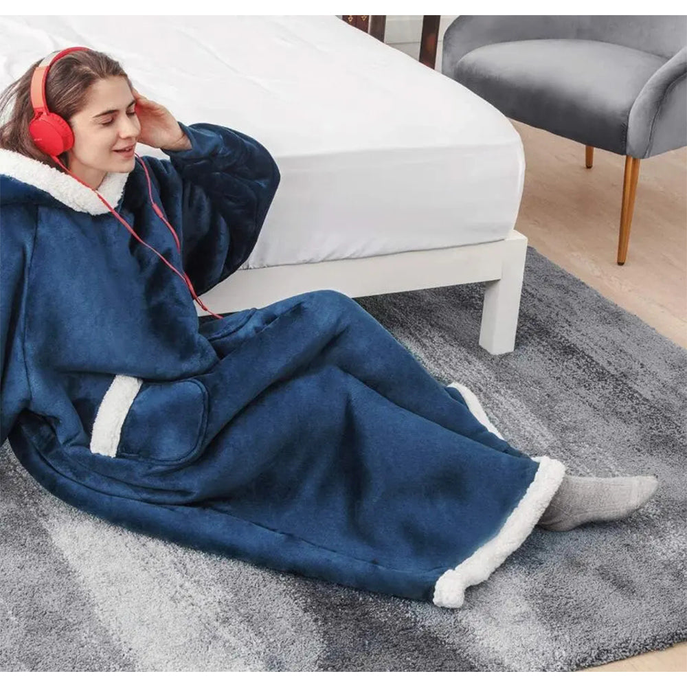 Giant Wearable Blanket Hoodie – 180cm Oversized Flannel Pajamas with Sleeves and Hood for Men and Women, Warm Winter Loungewear