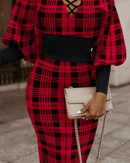 Women Maze Print Party Dress - Elegant Long Sleeve Slim Fit V Neck Dress with Hollow Out Detail for Clubwear Fashion