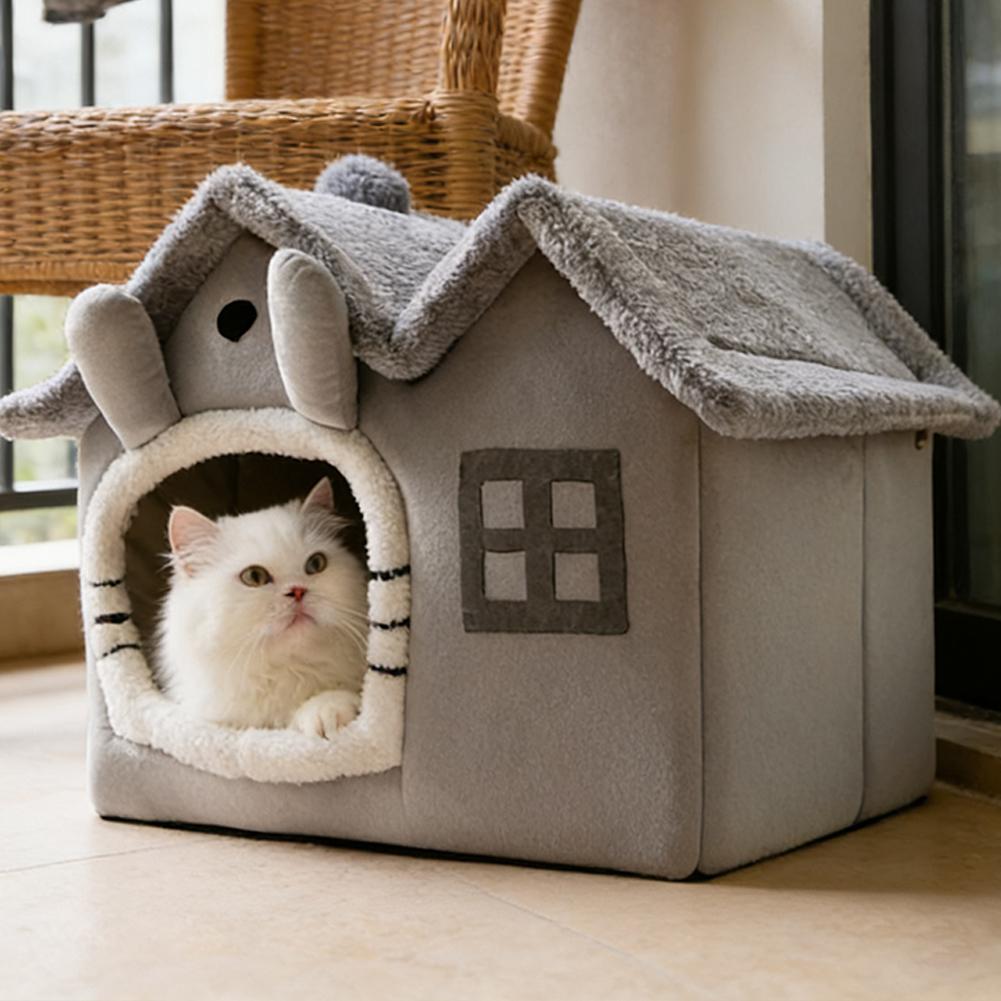 Foldable Double-Roof Dog House – Warm Small Pet Kennel with Bed Mat for Puppies and Cats, Cozy Winter Indoor Rest