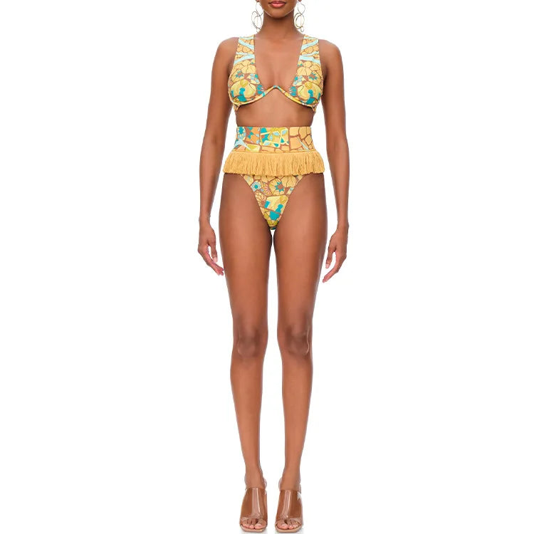 Tassel Print Bikini Set – Elegant Women’s High-End Swimsuit with Cross-Border Detailing, Stylish and Fashionable Summer Swimwear
