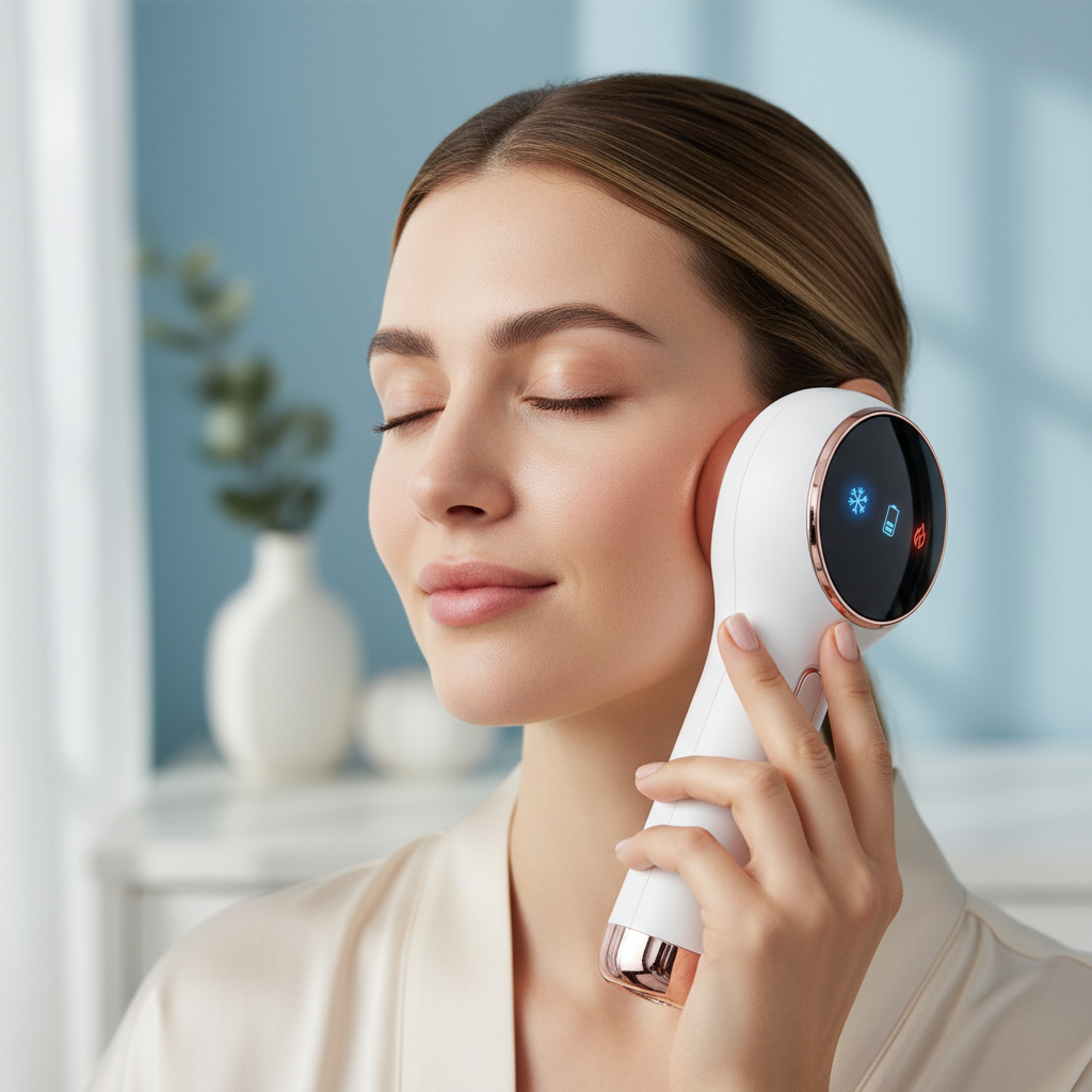 Hot Cold Facial Beauty Device – Rechargeable Red Blue Light Massager with Cooling and Warming Modes for Portable At-Home Skin Care