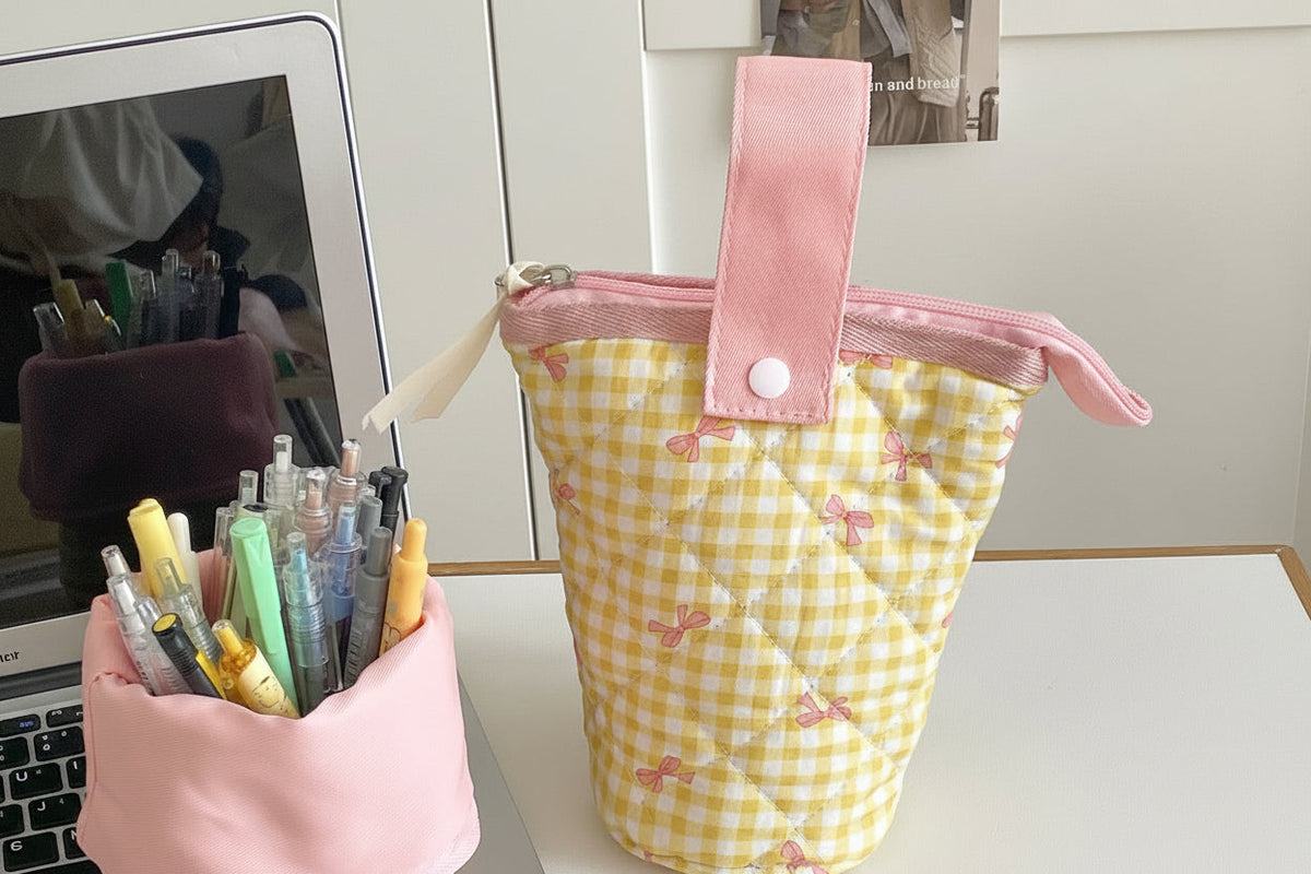 Grid Bow Pencil Case – Vertical Flip Up Stationery Organizer with Dopamine Color Design for School and Office Storage