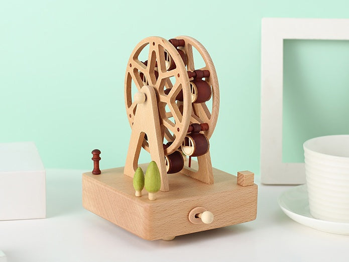Ferris Wheel Wooden Music Box – Mini Beech Wood Handcrafted Musical Gift for Christmas, Birthdays, Valentine’s Day with Square Base Ornament Design
