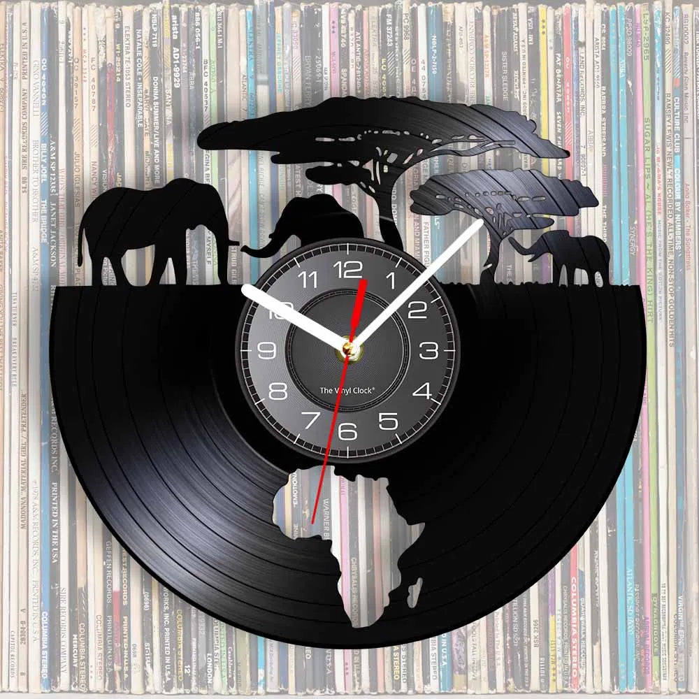 African Elephants Laser Cut Vinyl Record Wall Clock – Wildlife Habitat Map of Africa Retro LP Wall Art Decor for Living Room Statement Display.