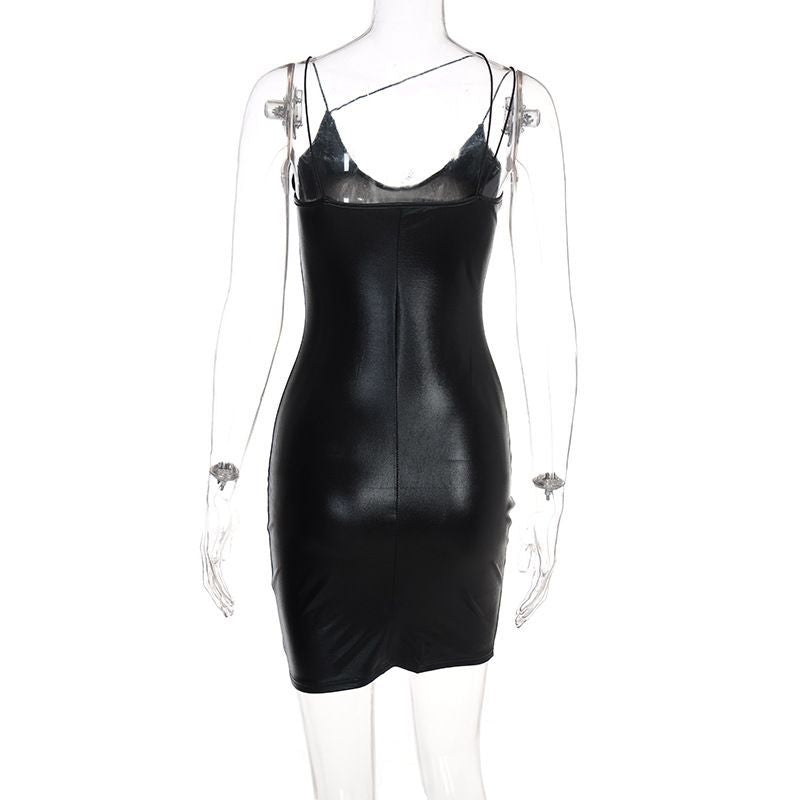 Sexy Red PU Leather Bodycon Mini Dress - Deep V Neck Nightclub Party Outfit with Sleek Fit, Trendy Women's Streetwear Fashion Statement