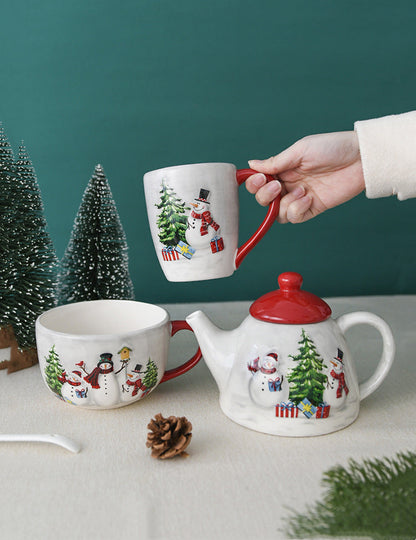 Christmas Snowman Dish & Cutlery Set – Ceramic Plate, Bowl, Storage Jar & Teapot Kitchen Collection for Holiday Meals & Festive Dining