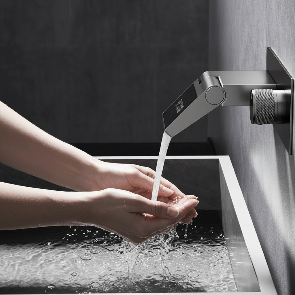 Luxury Gunmetal Brass Bathroom Faucet – Wall-Mounted Hot and Cold Mixer Tap with LED Digital Display and Elegant Single-Handle Design