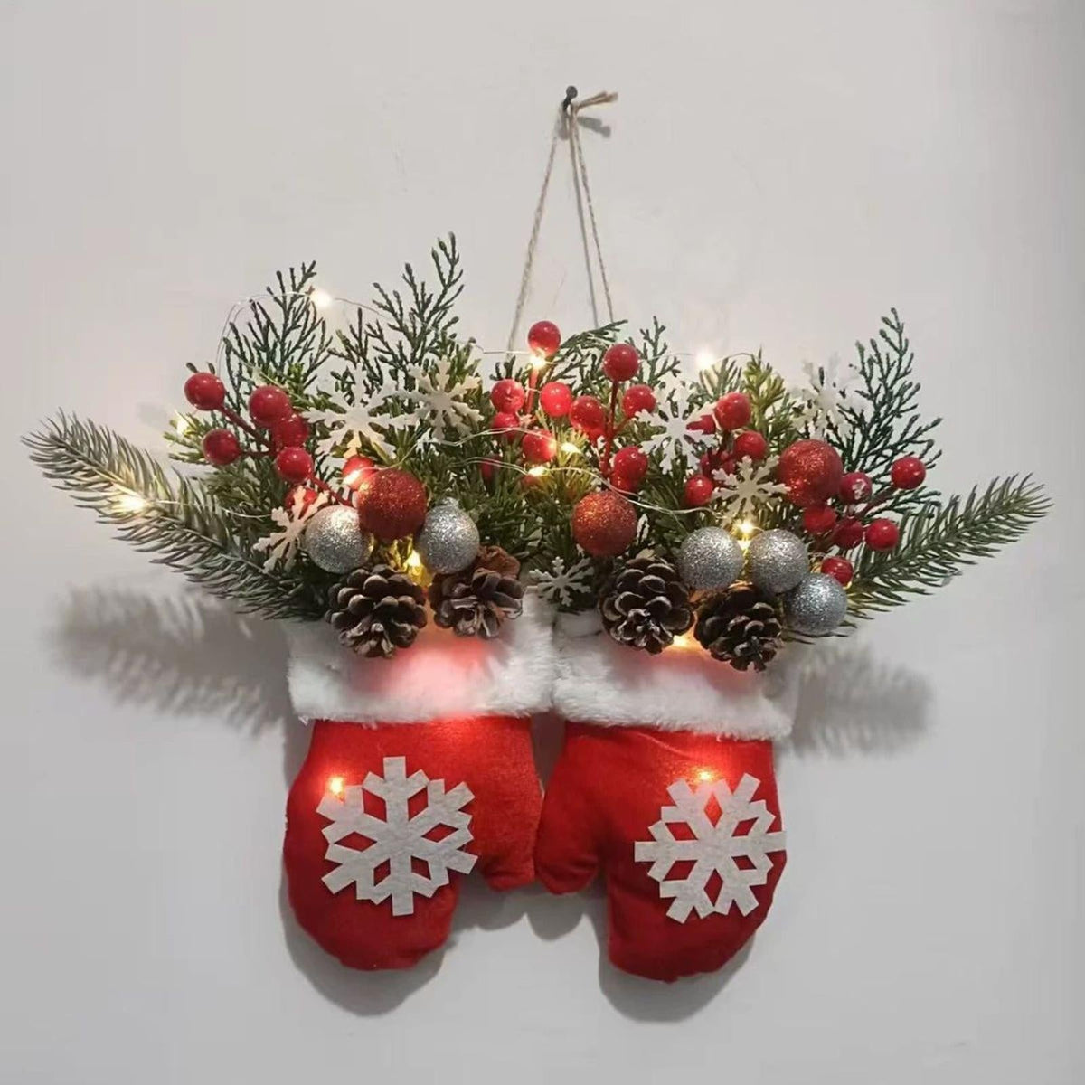 Outdoor Christmas Wreath with LED Lights – Artificial Front Door Mitten Garland with Pine Cones & Red Berries for Holiday & Winter Home Décor
