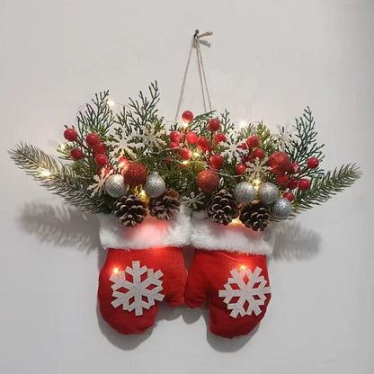 Outdoor Christmas Wreath with LED Lights – Artificial Front Door Mitten Garland with Pine Cones & Red Berries for Holiday & Winter Home Décor