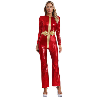 Women’s Christmas Cosplay Bodysuit – Metallic Long-Sleeve Santa Jumpsuit with Bell Bottoms, Party Dance Costume for Holiday Festive Events