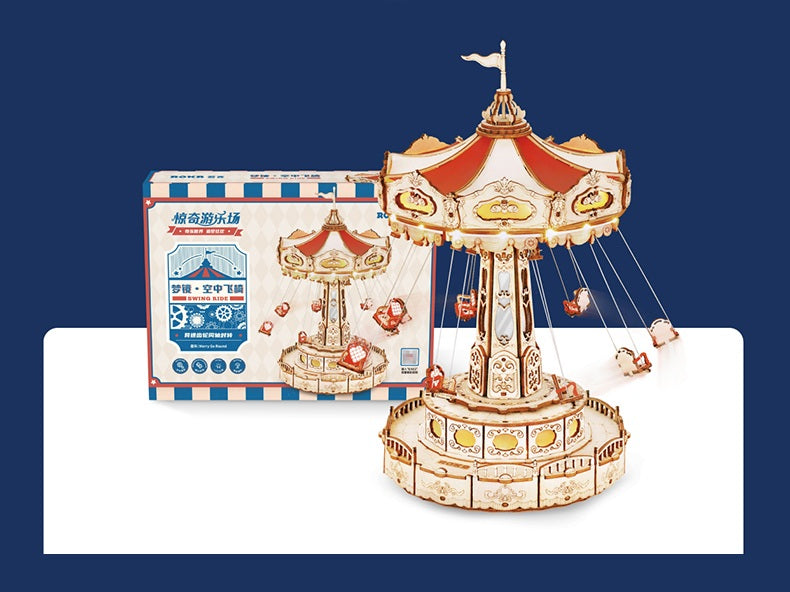 DIY Wooden Puzzle Music Box – Magical Amusement Park Christmas Gift Toy with Swing Model & Easy-Assemble Kids Craft Kit