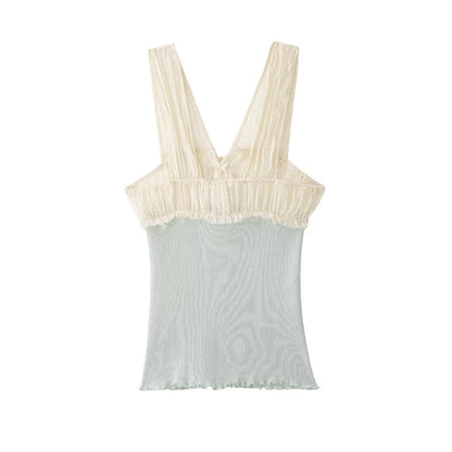Elegant Summer Skirt Set – V-Neck Wide-Strap Top with Wavy Hem and Lace-Waist Midi Skirt for Chic Women’s Co-Ord Styling