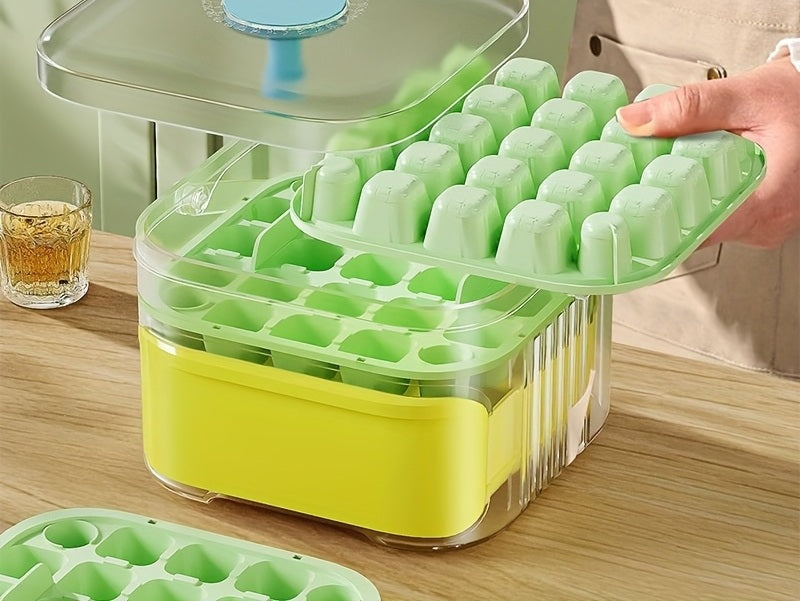 Double Layer Ice Cube Tray with Lid- Pull-Out Drawer with Handle for Easy Storage and Serving, Compact Kitchen Freezer Gadget