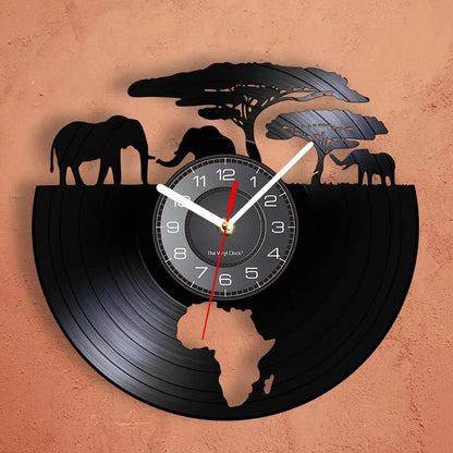 African Elephants Laser Cut Vinyl Record Wall Clock – Wildlife Habitat Map of Africa Retro LP Wall Art Decor for Living Room Statement Display.