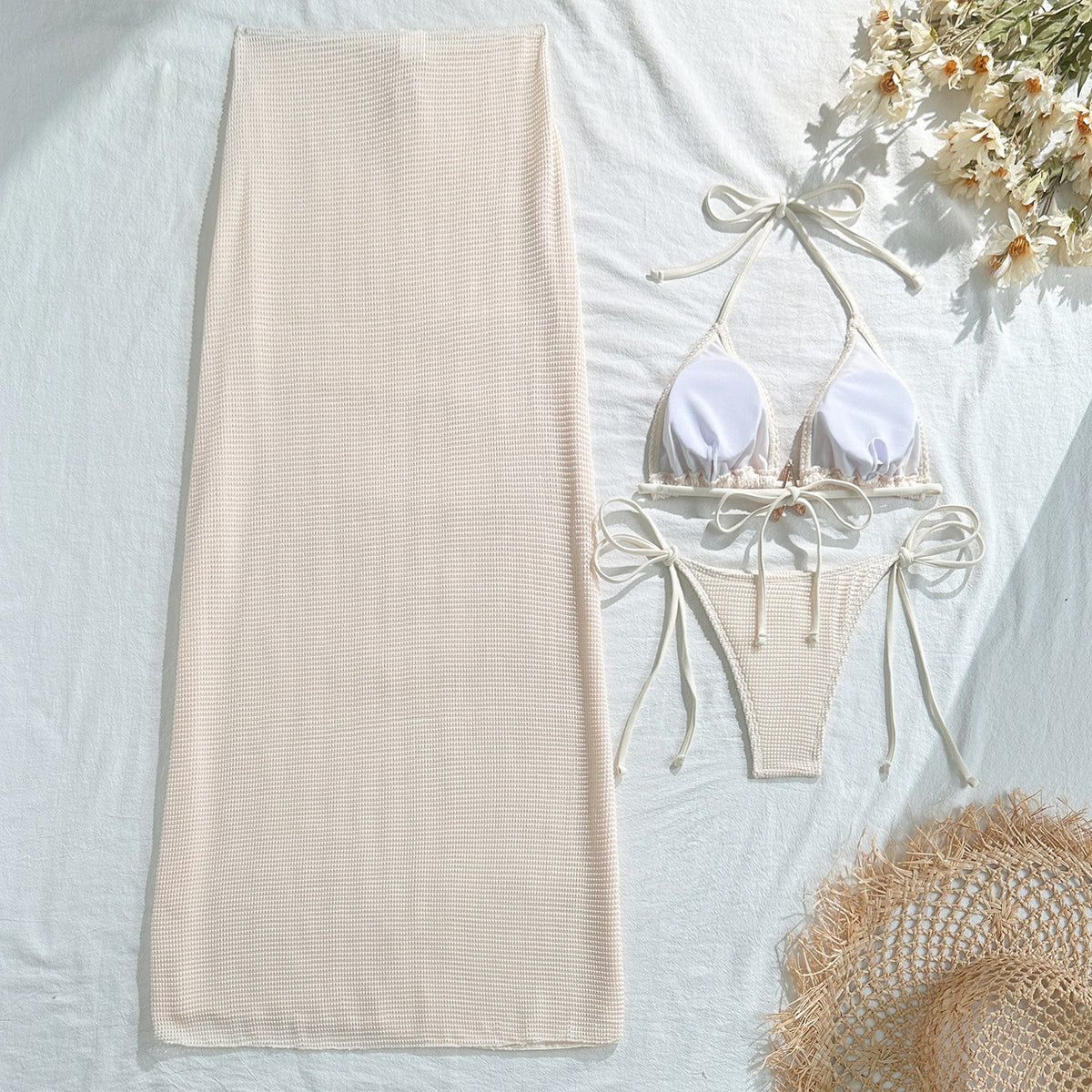 Mesh Dress & Bikini Set with Starfish Pendant– 3-Piece Women’s Swimsuit with Sheer Cover-Up, Perfect for Summer Beachwear & Pool Outings