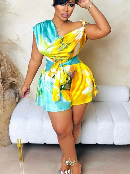 Women’s Boho Tropical Romper – Off-Shoulder Floral Jumpsuit with V-Neck & Wide Legs, Perfect for Parties, Vacations, Beachwear & Club Outfits