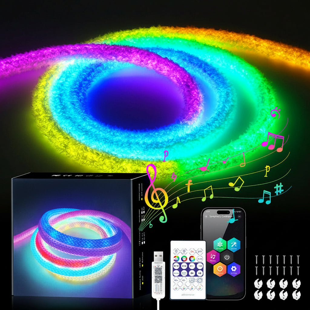 Fluffy Velvet RGB Neon Tube Light – 360° WS2812B USB LED Strip with Bluetooth Remote for Waterproof Ambient Home Decor