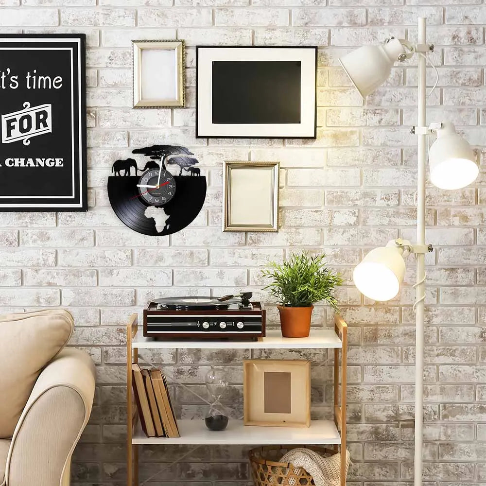 African Elephants Laser Cut Vinyl Record Wall Clock – Wildlife Habitat Map of Africa Retro LP Wall Art Decor for Living Room Statement Display.