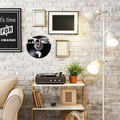 African Elephants Laser Cut Vinyl Record Wall Clock – Wildlife Habitat Map of Africa Retro LP Wall Art Decor for Living Room Statement Display.