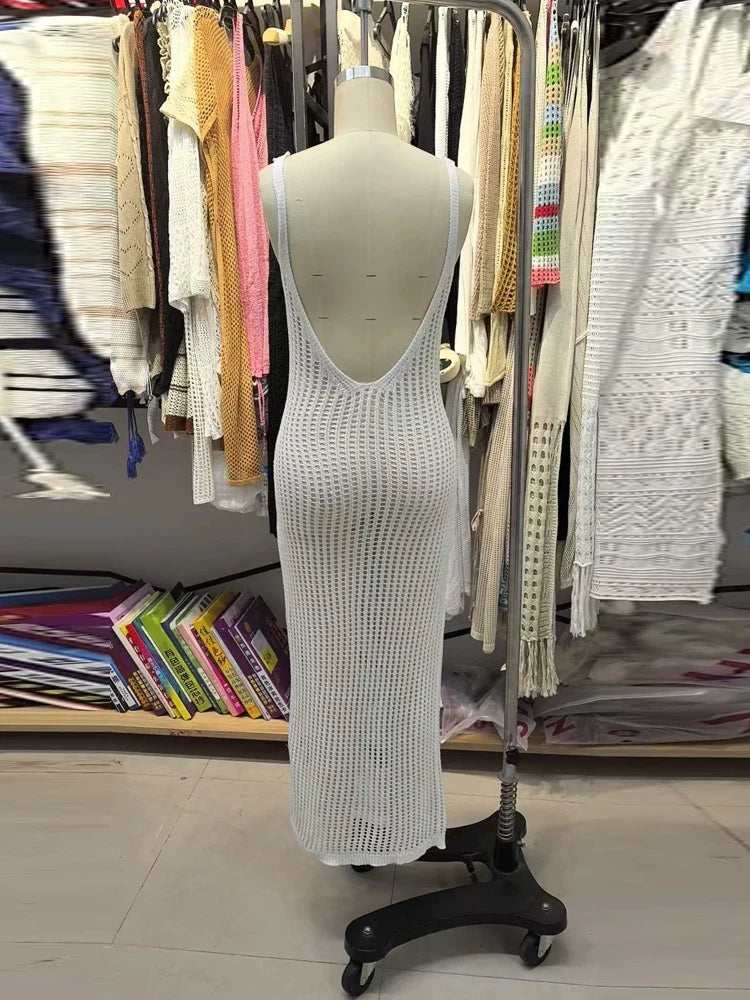 Sexy Backless U-Hollow Maxi Dress – Sleeveless Slim Fit See-Through Beach Evening Wrap Dress, Elegant Vacation Robe for Women