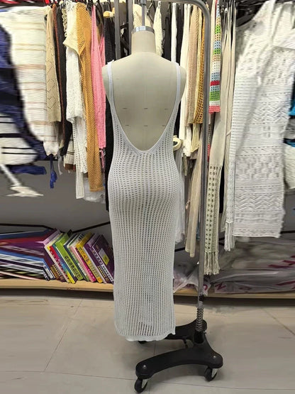 Sexy Backless U-Hollow Maxi Dress – Sleeveless Slim Fit See-Through Beach Evening Wrap Dress, Elegant Vacation Robe for Women