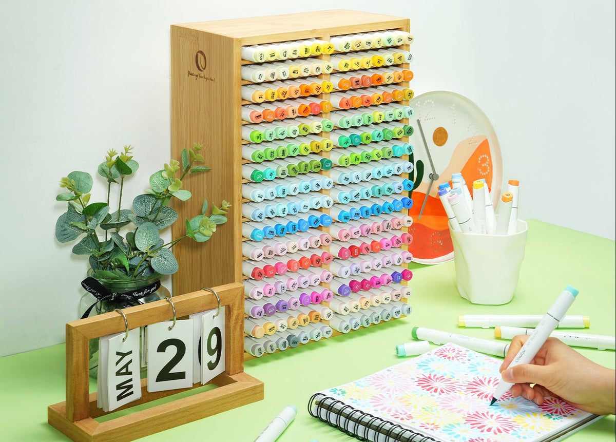 Bamboo Marker Organizer – Wooden Desktop Storage Holder for 126 Markers, Pens, Pencils and Art Brushes, Space-Saving Stationery Organizer