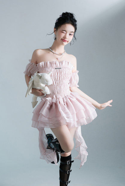Smoked Rose Strapless Mini Dress – Fluffy Retro Pink Party Dress for Women with Romantic Feminine Styling and Statement Silhouette