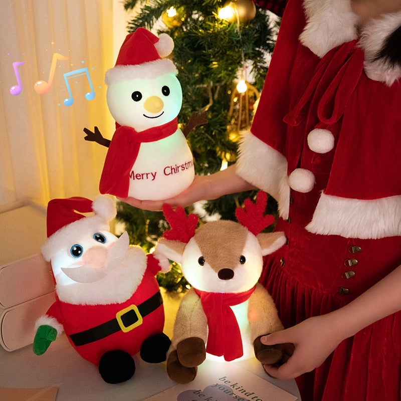 Luminous Singing Christmas Plush Toy – Cute Santa, Elk, or Snowman Plush Doll with Music and Lights, Perfect New Year Gift for Kids