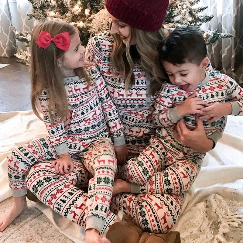 Christmas Family Matching Pajamas – Allover Print Two-Piece Sets for Parents and Kids with Baby Romper, Holiday Sleepwear Ensemble