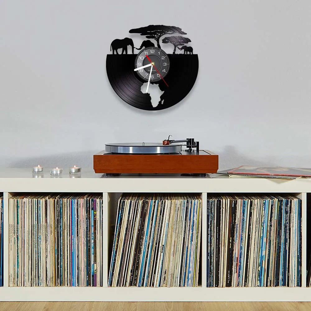 African Elephants Laser Cut Vinyl Record Wall Clock – Wildlife Habitat Map of Africa Retro LP Wall Art Decor for Living Room Statement Display.
