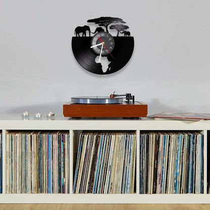 African Elephants Laser Cut Vinyl Record Wall Clock – Wildlife Habitat Map of Africa Retro LP Wall Art Decor for Living Room Statement Display.