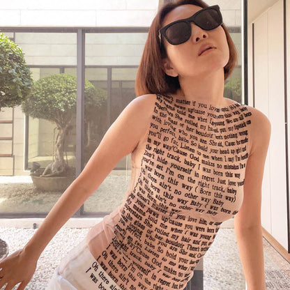 Women’s Sexy Mesh Sleeveless Tank – Slim Round Collar Top with Artistic Print for Fashion-Forward Hipster Summer Styling