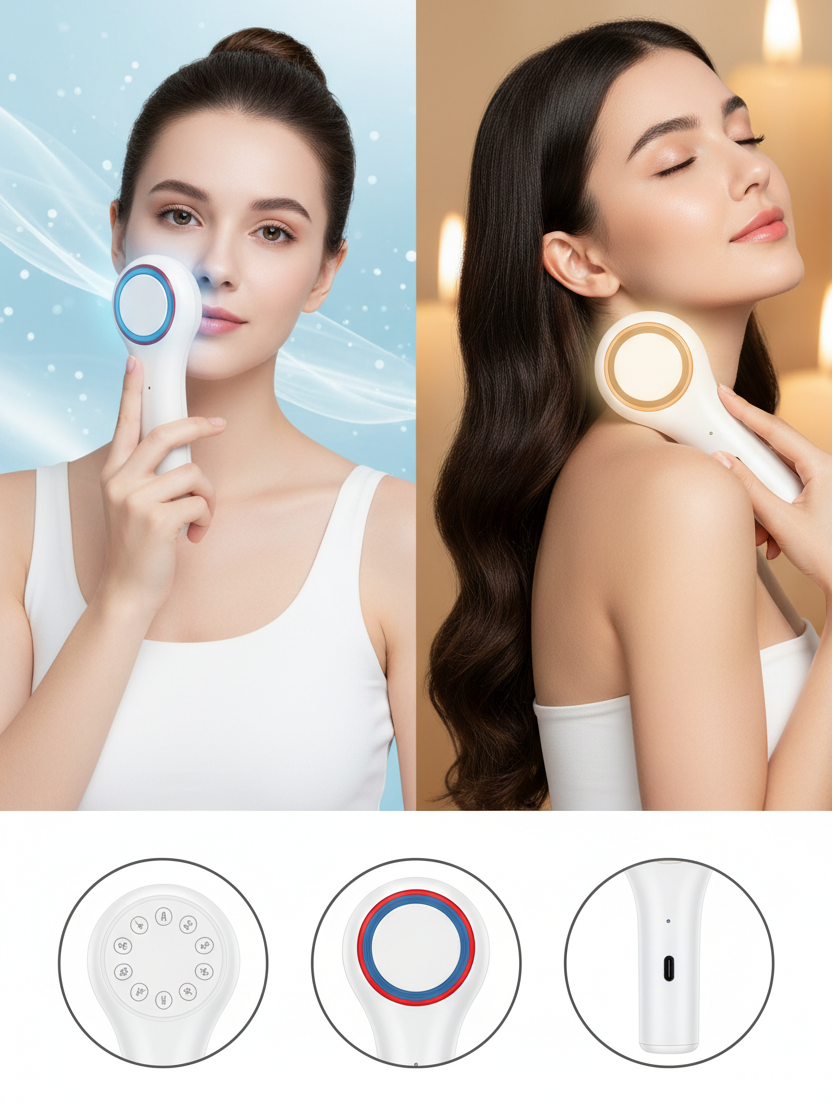 Hot Cold Facial Beauty Device – Rechargeable Red Blue Light Massager with Cooling and Warming Modes for Portable At-Home Skin Care
