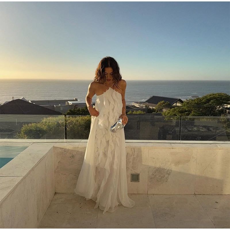 Elegant Off-Shoulder White Backless Ruffle-Edge Maxi Dress – Loose Summer Beach Outfit for Women, Flowy Party Vacation Fashion Robe