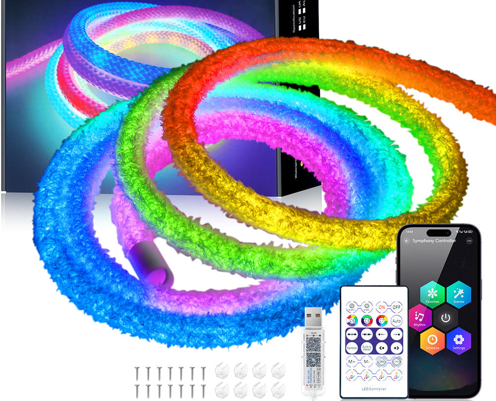 Fluffy Velvet RGB Neon Tube Light – 360° WS2812B USB LED Strip with Bluetooth Remote for Waterproof Ambient Home Decor
