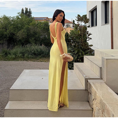 Elegant Keyhole Maxi Dress – Sleeveless Backless Summer Gown with Braided Trim and High Slit for Women’s Parties and Special Events