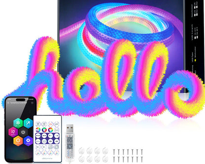 Fluffy Velvet RGB Neon Tube Light – 360° WS2812B USB LED Strip with Bluetooth Remote for Waterproof Ambient Home Decor